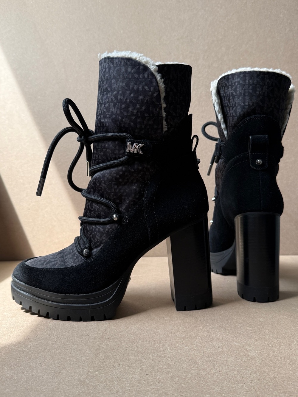 Michael Kors Black MK Logo Shearling-Trim Lace-Up Platform Booties